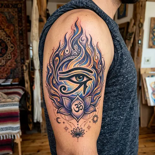 Spiritual Fire Tattoo: Chakra & Horus Eye Design