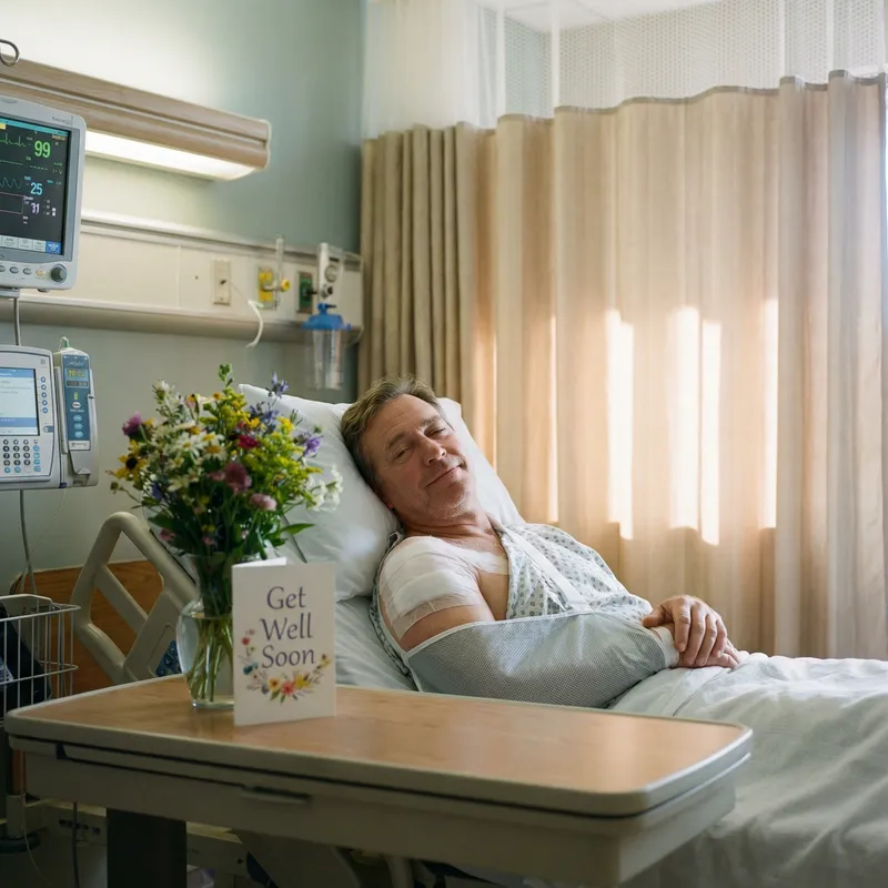 Tranquil Recovery: Middle-aged Man Resting in Hospital After Shoulder Arthroscopy
