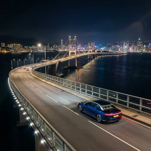 Prestigious Electric Car Night Drive on Sea Bridge