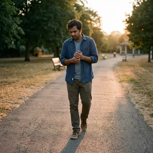 Anxious Man Walking Outdoor Sunset Setting | Deep Thought