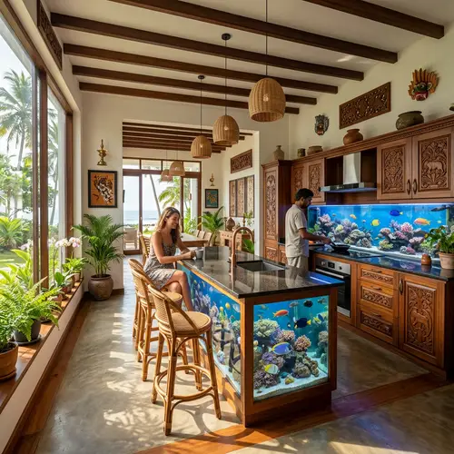 Open Plan Kitchen with Sea Water Aquarium Islands | Sri Lankan Decor