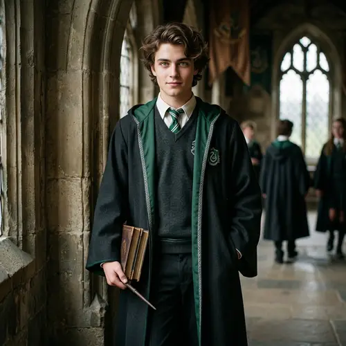 Teenage Male with Striking Green Eyes in Slytherin Uniform