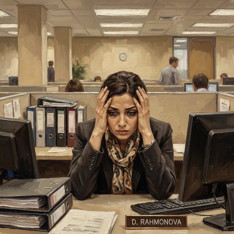 Portrait of a 29-Year-Old Tajik Woman in Corporate Despair