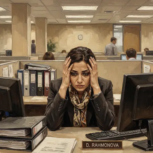 Emotive Tajik Woman: 29-Year-Old Portrait in Corporate Setting