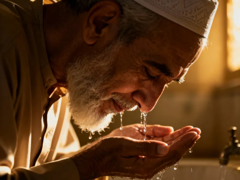 Old Muslim Man Performing Wudu in Dim Light