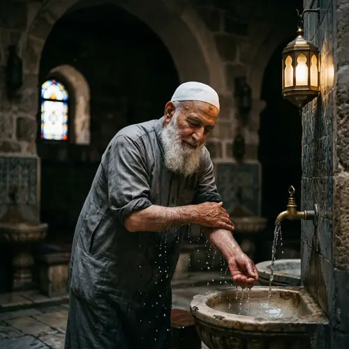 Old Muslim Man Performing Wudu in Dim Light