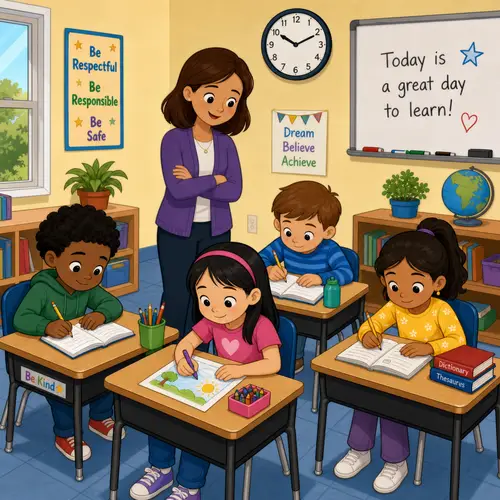 Diverse Classroom Cartoon for Writing Prompts