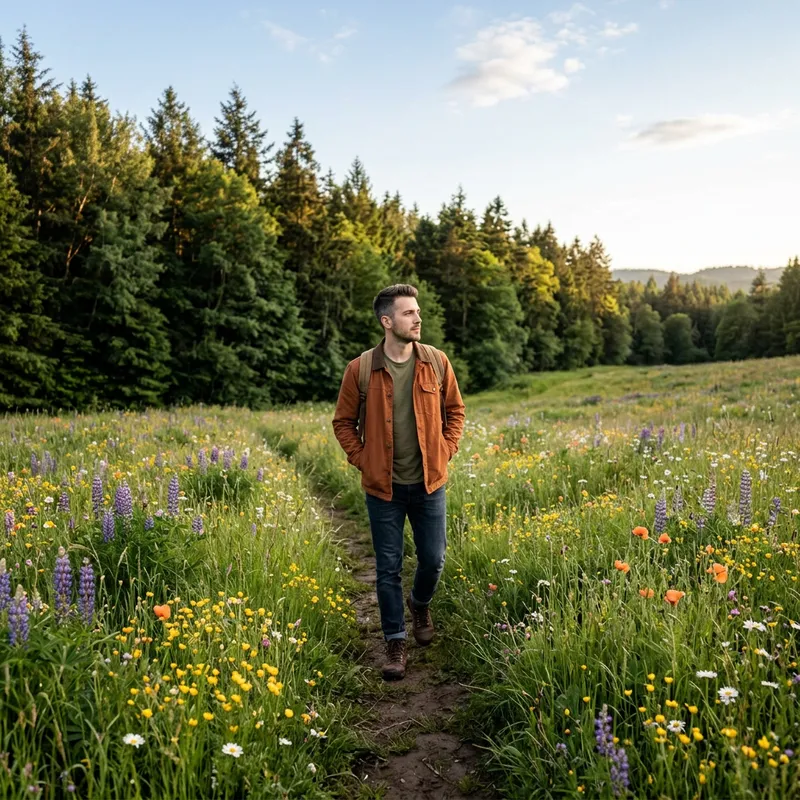 Man Walking Through Flower Field by Forest