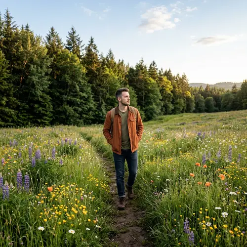 Man Walking Through Flower Field by Forest