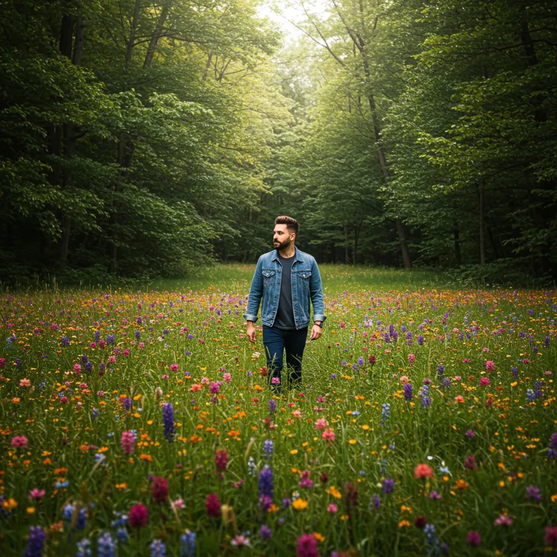 Man Walking Through Flower Field by Forest