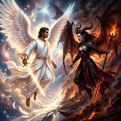 Celestial Angel and Sinister Demon - Eternal Struggle Depicted