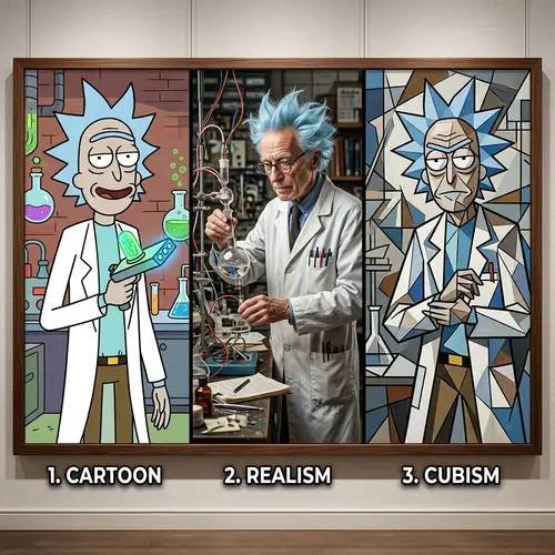 Eccentric Scientist in 3 Artistic Styles: Cartoons, Realism, Cubism