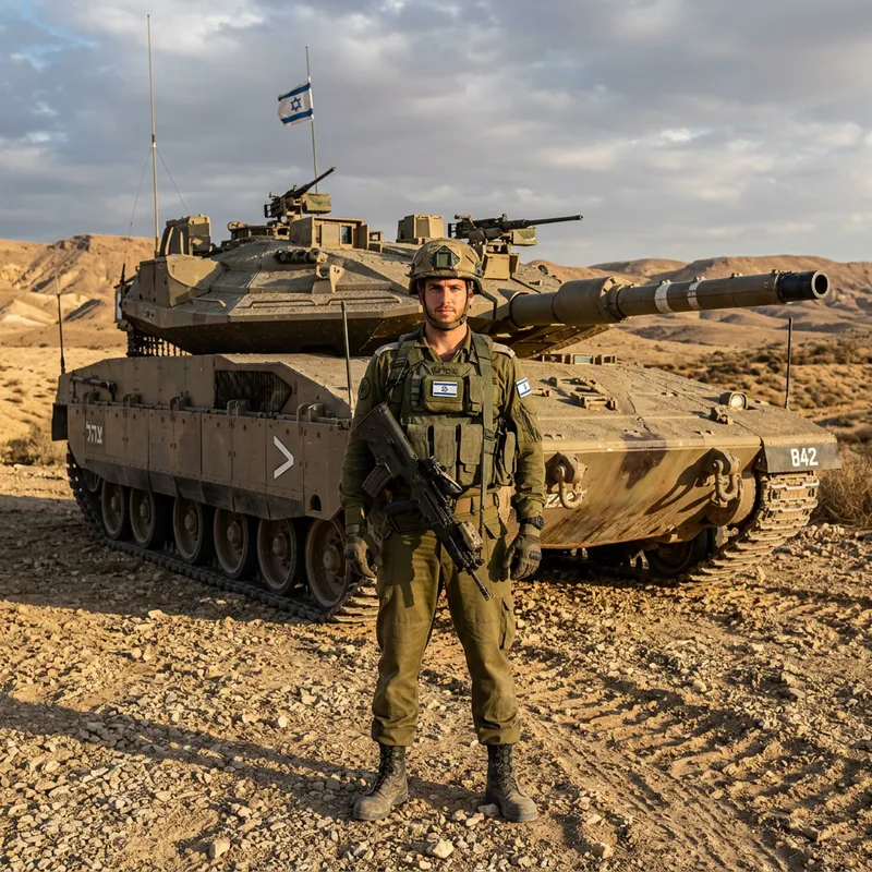 Israeli Soldier and Merkava 4 Tank in the Desert Israeli Soldier and Merkava 4 Tank in the Desert
