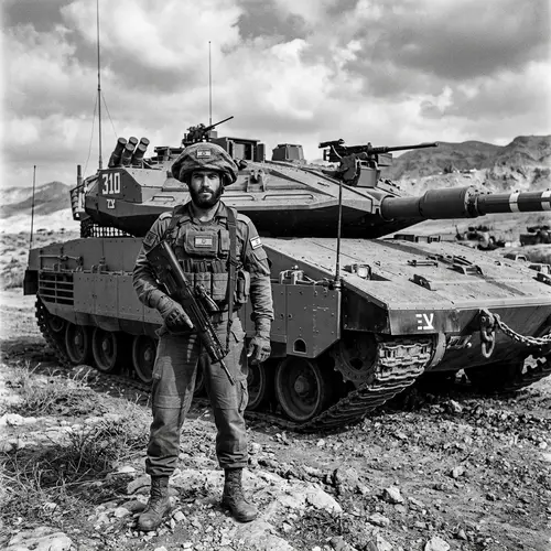 Israeli Soldier Standing in Front of Merkava 4 Tank