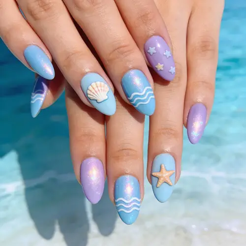 Cute Blue & Purple Nail Art Design for Beach Vibes
