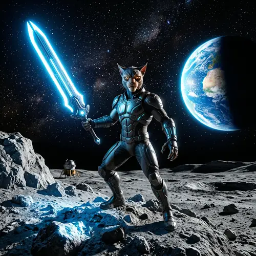 Futuristic Feline-like Alien on Moon with Glowing Sword
