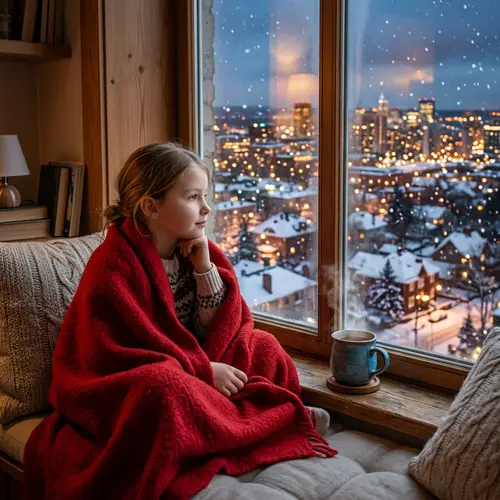Cozy Winter Scene: Girl by Window with Hot Tea