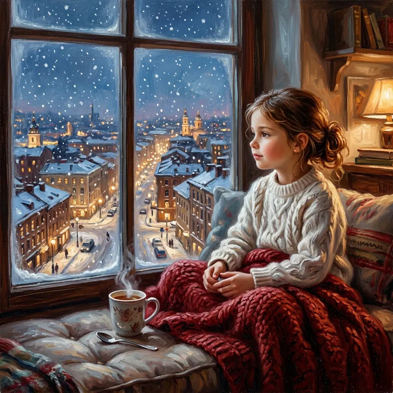 Cozy Evening: Girl in White Sweater by Window with Snowfall