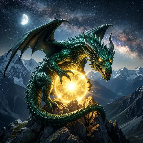 Majestic Dragon Coiled Around Shining Ball | Fantasy Scene