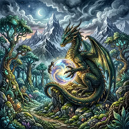Mythical Dragon Protecting Shimmering Crystal Ball | Fantastical Scene