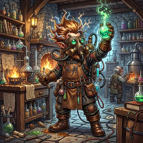 Gnome Scientist Art: Gas Mask and Potion Flask