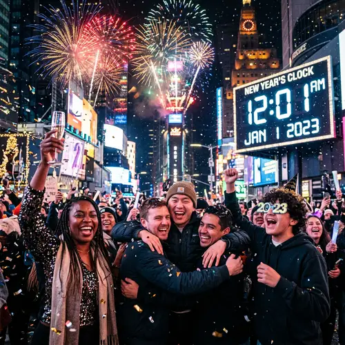 Vibrant New Year's Celebration with Fireworks at Midnight