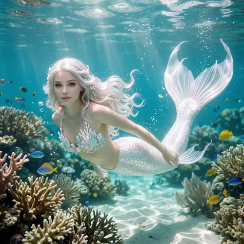 Enchanting Mermaid with Long White Hair and Violet Eyes