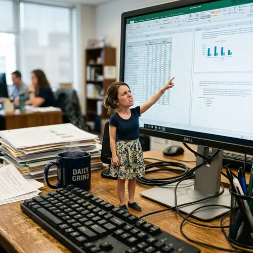 Miniature Woman in Awe on Office Desk