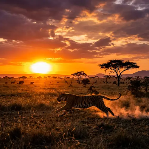 Breathtaking Sunset Over Savannah with Intense Tiger Sprint