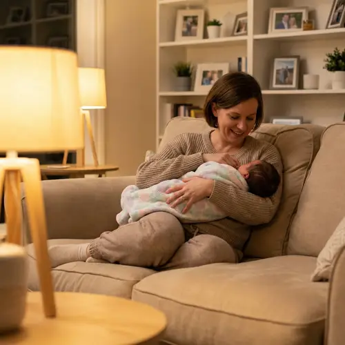 Caucasian Mother Cradling Newborn with Love | Cozy Living Room Setting
