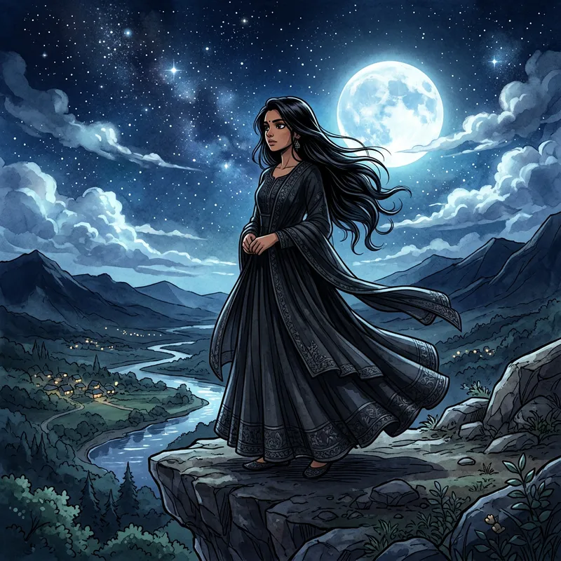 Mysterious Girl in Black Dress | Anime-Style Enigma in Moonlit Sky