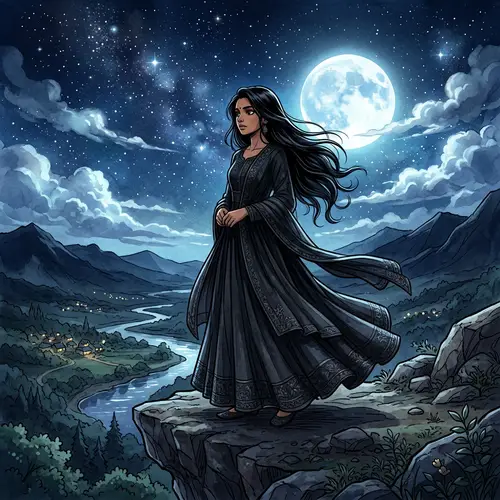 Enigmatic South Asian Girl in Flowing Black Dress | Moonlit Night Sky