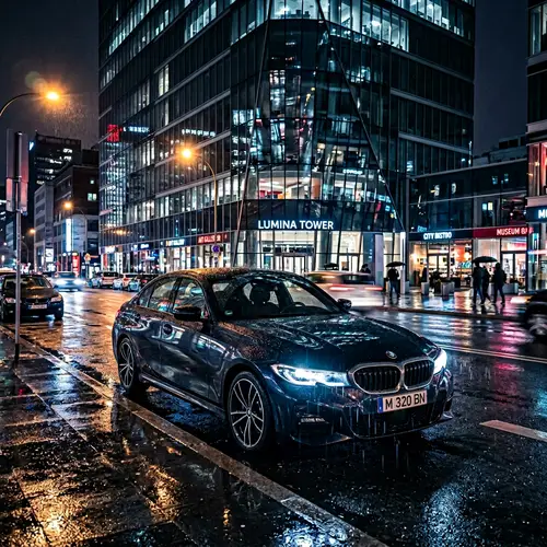 Luxury BMW 3 Series Parked on City Street at Night