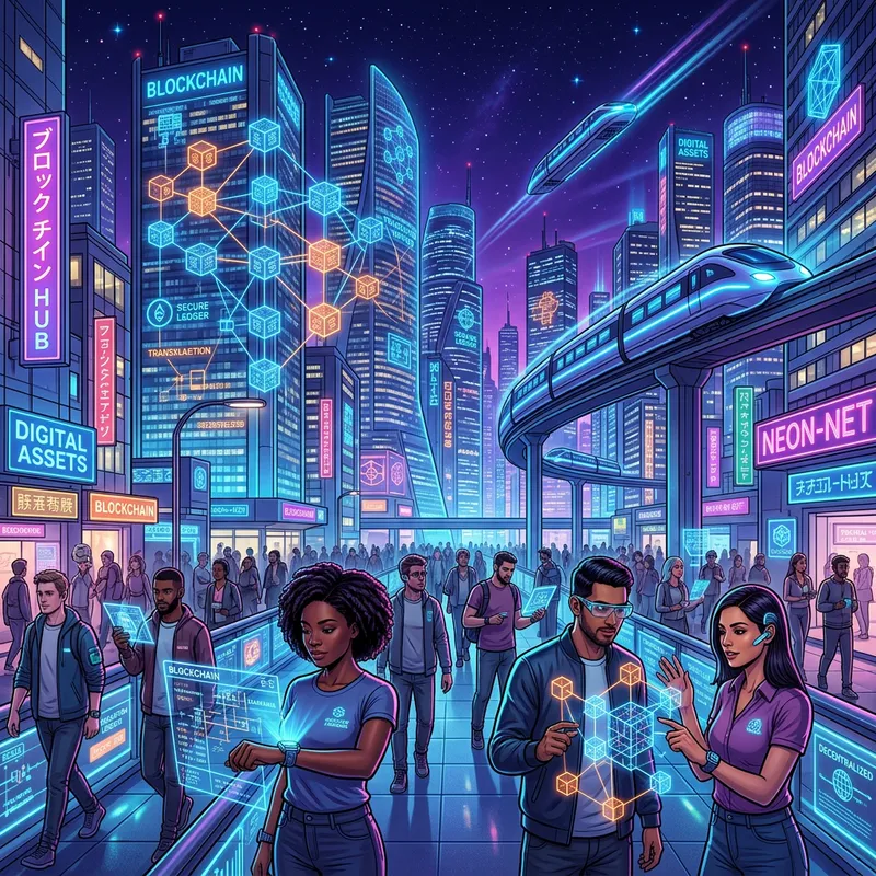 Futuristic Blockchain Technology Integration in Urban Cityscape