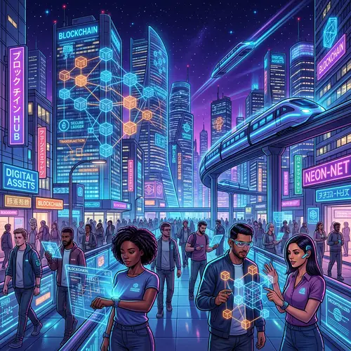 Futuristic Blockchain Cityscape: Technological Marvel