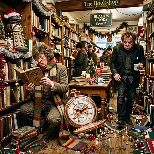 Christmas Crossover Scene in Quirky Bookstore Setting
