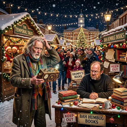 Whimsical Time-Travel Novelist Meets Grumpy Bookstore Owner in Festive Scene
