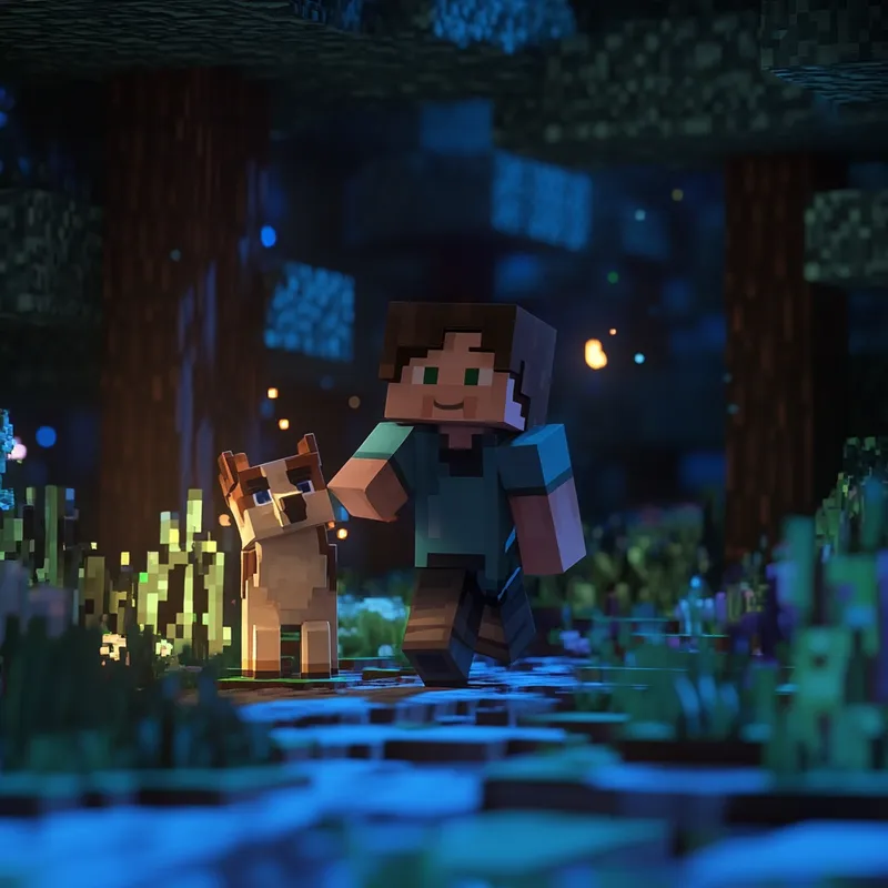 Steve from Minecraft in Forest with Dog at Night