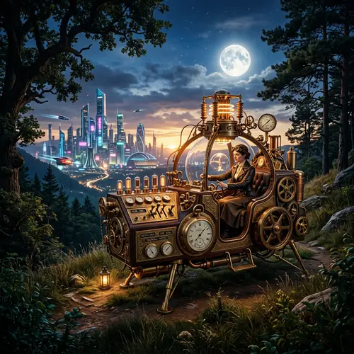 Time Travel: Victorian-Style Machine with Futuristic City Contrast