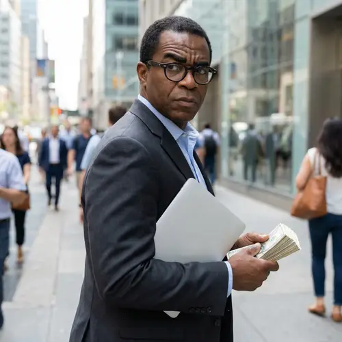 Middle-aged Black Businessman with Money and Laptop | Website Name