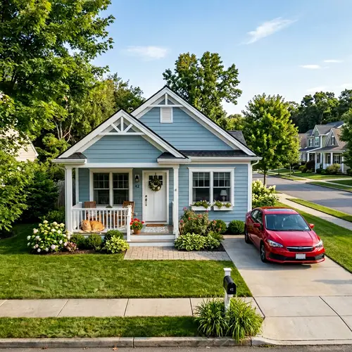 Tranquil Suburban Home with Red Car and Ginger Cat
