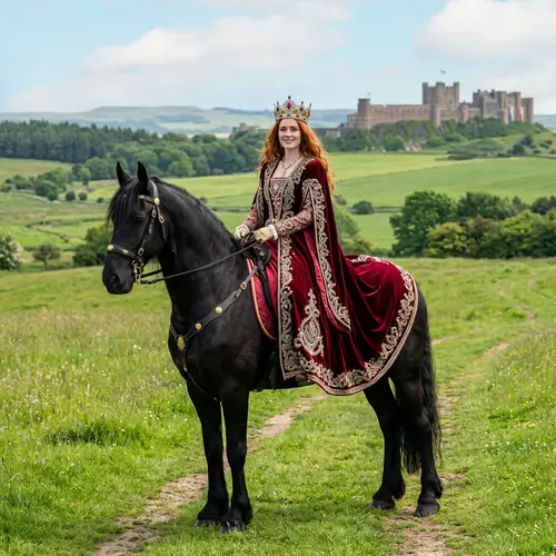 Graceful Red-Haired Caucasian Queen Adorned in Royal Attire
