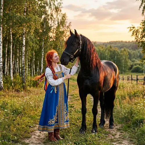 Young Russian Girl in Traditional Blue Sarafan Dress with Majestic Black Horse