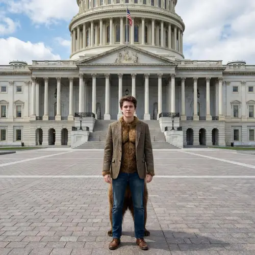 Young Man in Front of Neoclassical Government Building