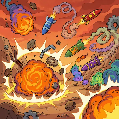 Colorful Explosions and Flying Rockets in Cartoon Style