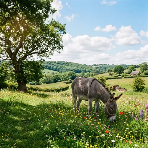Serene Countryside Scene with Donkey Grazing | Tranquil Pastoral Picture