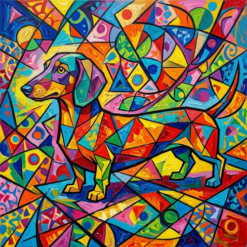 Abstract Dachshund Art Composition with Geometric Shapes and Bright Colors