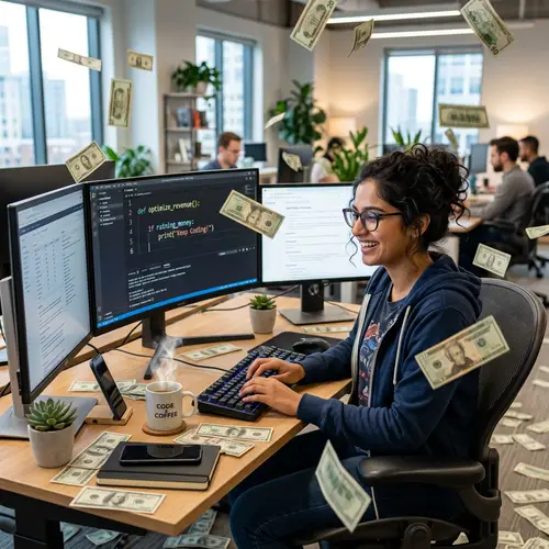 Cheerful South Asian Female Programmer in Contemporary Office
