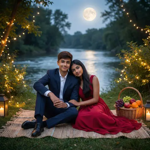 Tender South Asian Couple Romancing by Moonlit River