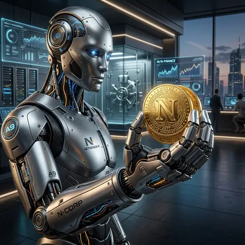 Futuristic AI Robot Holding Golden Coins with 'N' - Technology Showcase